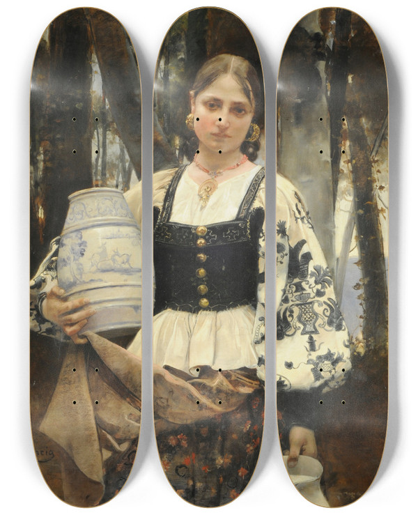 Triptych art skateboard deck of Casto Plasencia The Milkmaid by Casto Plasencia