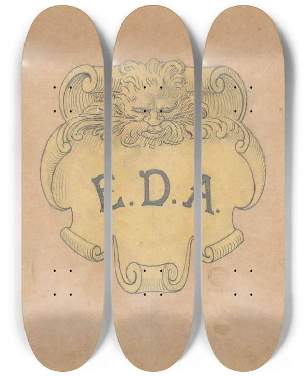 Triptych art skateboard deck of Alphonse Legros Study For A Bronze Name Plate For Edward D Adams_1 by Alphonse Legros (1837-1911)