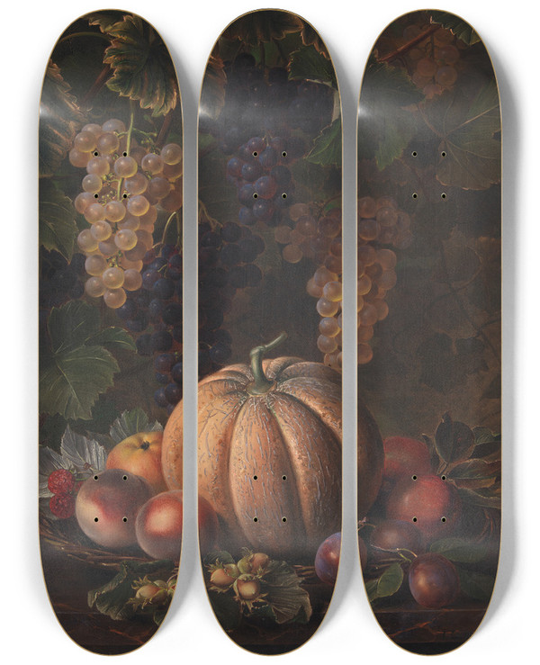Triptych art skateboard deck of Johan Laurentz Jensen Various Fruits Including Melon And Grapes by Johan Laurentz Jensen 2 (1800-1856)