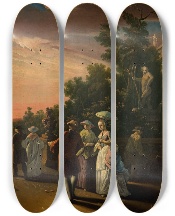 Triptych art skateboard deck of Jens Juel Promenading In A Park by Jens Juel (1745-1802)