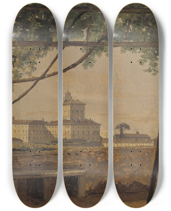 Triptych art skateboard deck of Gustaf Sderberg View To The Quirinal From The Villa Malta Rome by Gustaf Soderberg (1799-1875)