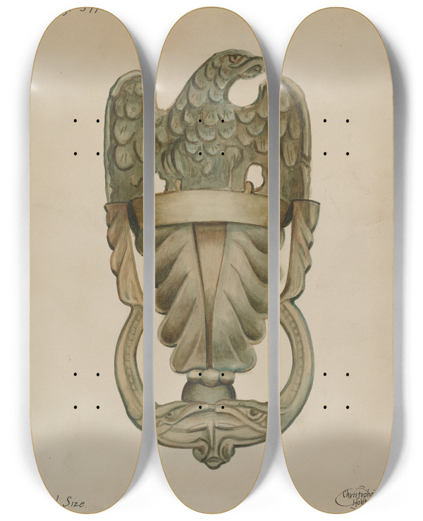 Triptych art skateboard deck of Christopher Hobbs Door Knocker by Christopher Hobbs