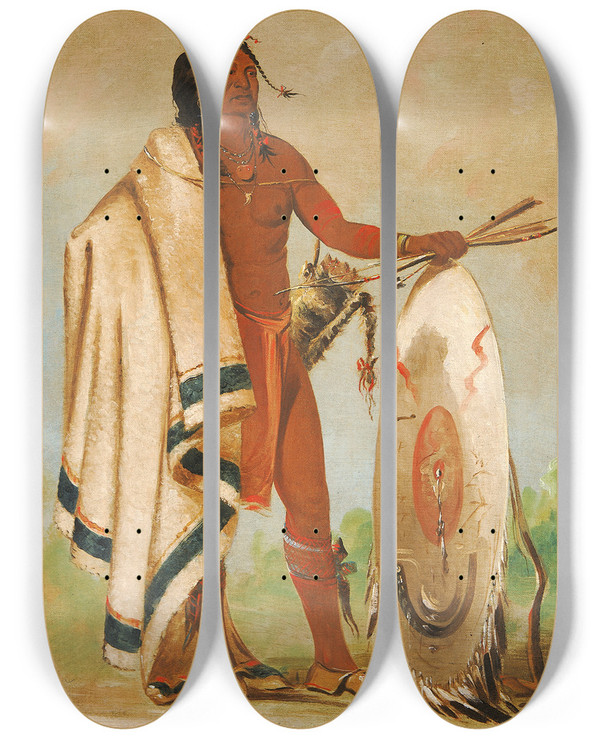 Triptych art skateboard deck of George Catlin Kotzatah Smoked Shield A Distinguished Warrior by George Catlin (1796-1872)