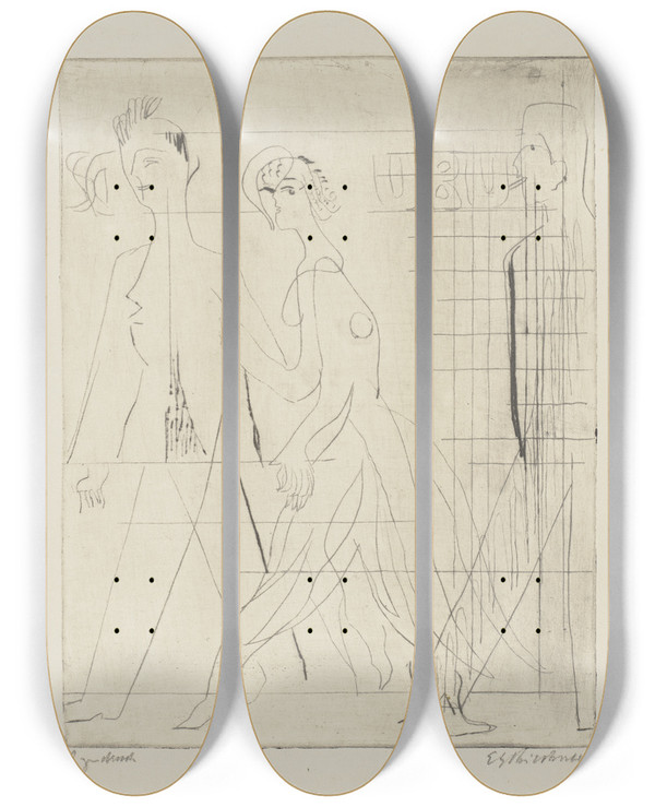 Triptych art skateboard deck of Ernst Ludwig Kirchner Straenszene by Ernst Ludwig Kirchner (1880-1938)