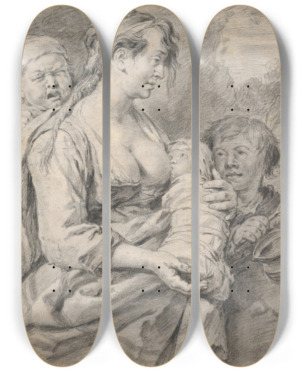 Triptych art skateboard deck of Cornelis Visscher A Gypsy Mother With Three Children by Cornelis Visscher (1629-1658)