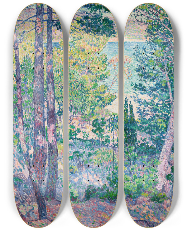 Triptych art skateboard deck of Theo Van Rysselberghe Eucalyptus Cavalire by Theo Van Rysselberghe (1862-1926)