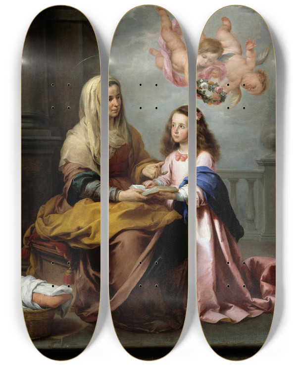 Triptych art skateboard deck of Bartolom Estebn Murillo Education Of The Virgin by Bartolome Esteban Murillo (1617-1682)