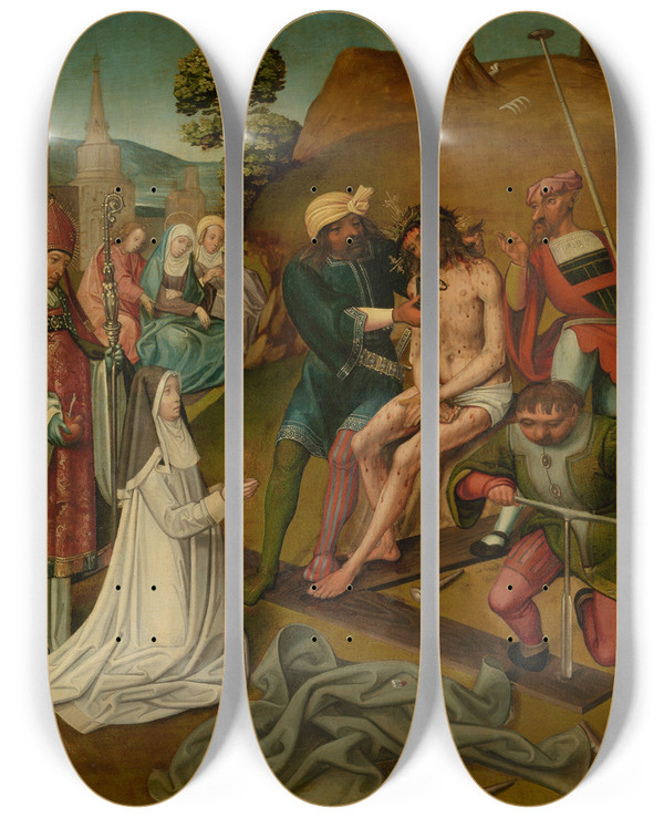Triptych art skateboard deck of Cornelis Engebrechtsz Before The Crucifixion by Cornelis Engebrechtsz (1461-1527)