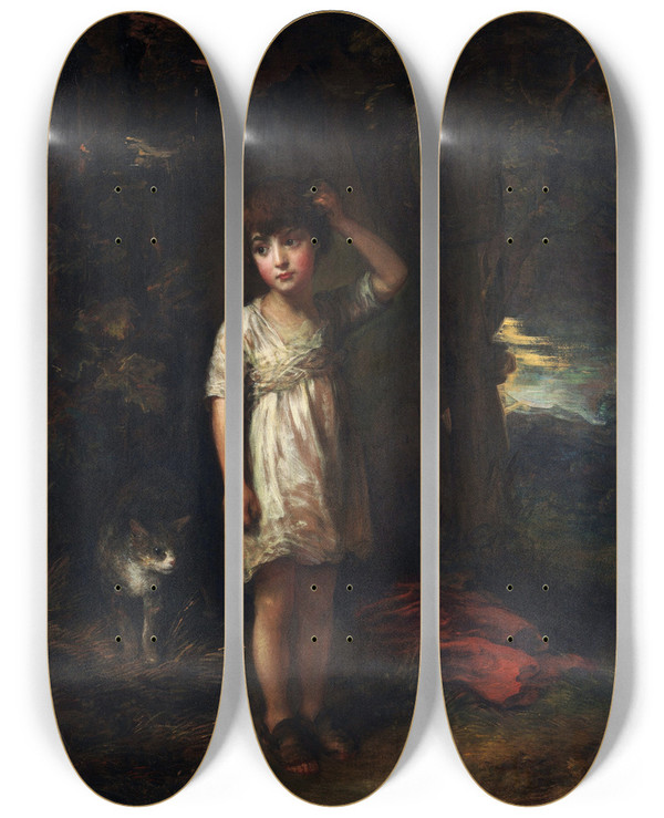 Triptych art skateboard deck of Thomas Gainsborough A Boy With A Catmorning by Thomas Gainsborough (1727-1788)