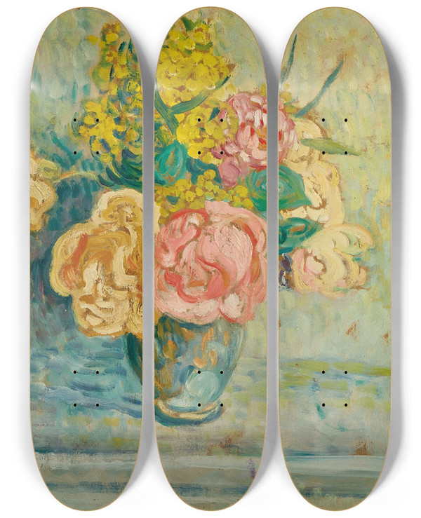 Triptych art skateboard deck of Louis Valtat Bouquet De Roses Et De Mimosas by Louis Valtat (1869-1952)