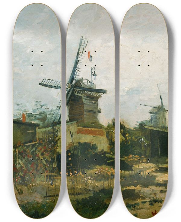 Triptych art skateboard deck of Vincent Van Gogh Windmills On Montmartre by Vincent van Gogh (1853-1890)