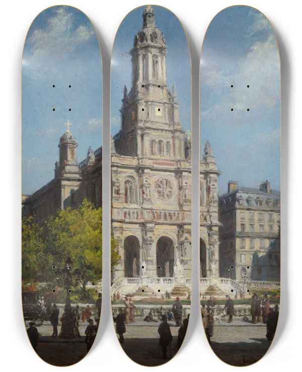 Triptych art skateboard deck of Louis Broud Lglise De La Trinit by Louis Beroud (1852-1930)