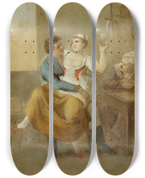 Triptych art skateboard deck of Aleksander Orowski Scene In A Tavern by Aleksander Orlowski (1777-1832)