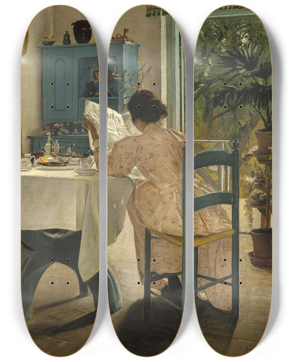 Triptych art skateboard deck of Laurits Andersen Ring At Breakfast by Laurits Andersen Ring (1854-1933)