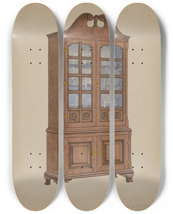 Triptych art skateboard deck of Edward A Darby China Cupboard by Edward A Darby