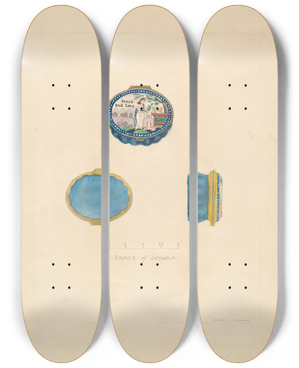 Triptych art skateboard deck of Donald Streeter Snuff Box by Donald Streeter
