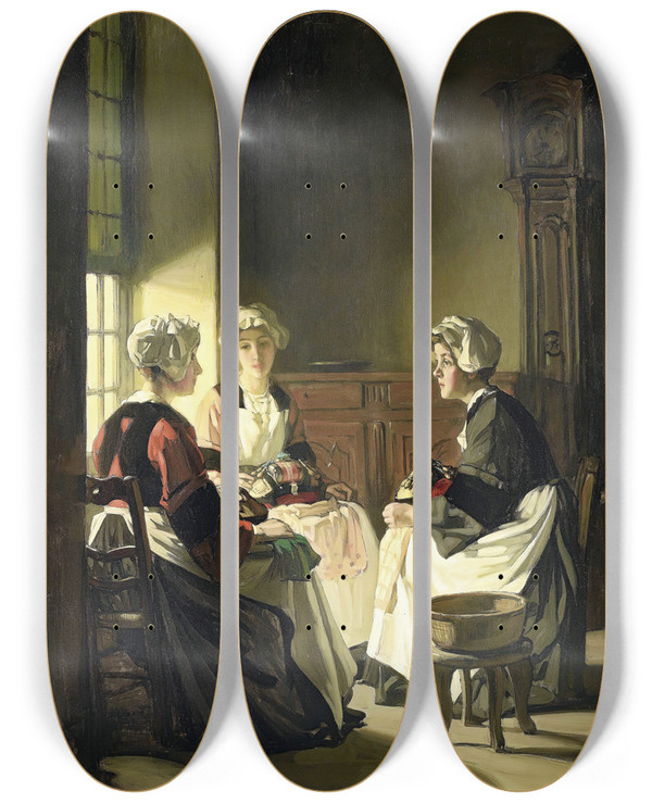 Triptych art skateboard deck of Joseph Bail The Lace Makers by Joseph Bail (1862-1921)
