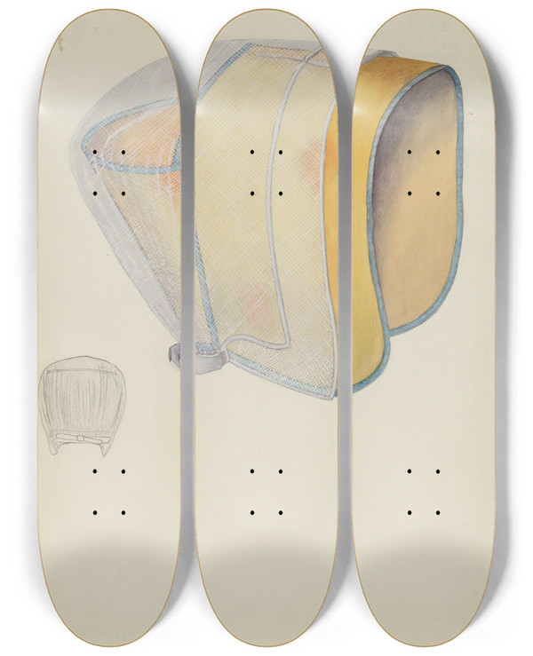 Triptych art skateboard deck of Alice Stearns Shaker Infirmary Cap by Alice Stearns