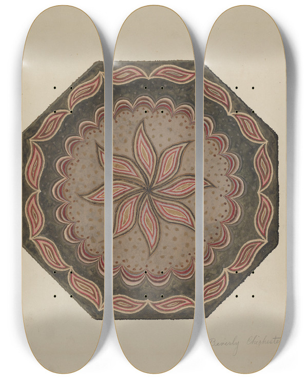 Triptych art skateboard deck of Beverly Chichester Octagonal Hooked Rug by Beverly Chichester (20-)