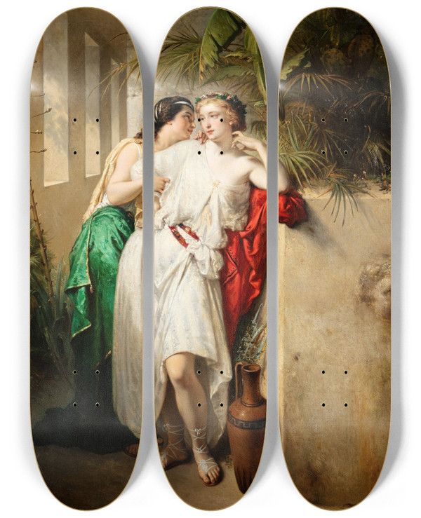 Triptych art skateboard deck of Pierre Olivier Joseph Coomans The Confidence by Pierre Olivier Joseph Coomans (1816-1889)