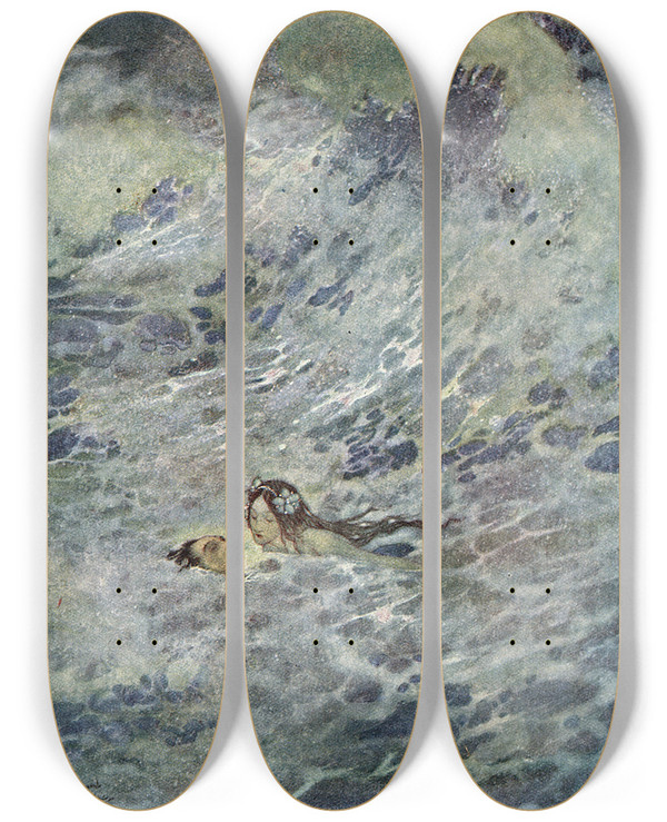 Triptych art skateboard deck of Edmund Dulac The Mermaid Pl 2 by Edmund Dulac (1882-1953)