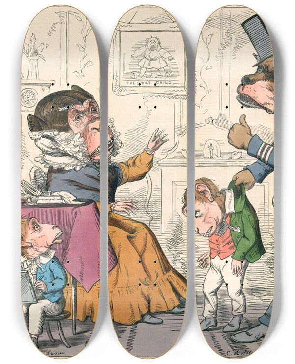 Triptych art skateboard deck of Charles Henry Bennett The Ape And Her Two Young Ones by Charles H Bennett (1828-1867)
