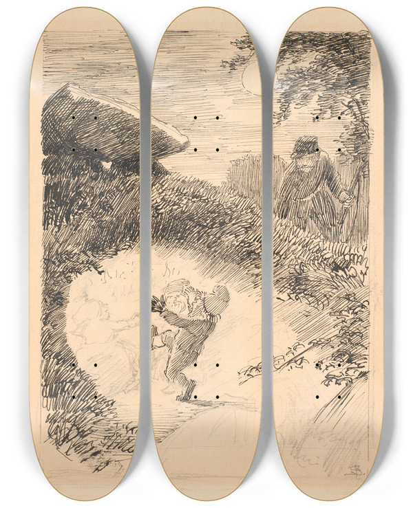 Triptych art skateboard deck of Niels Skovgaard Trillevip_1 by Niels Skovgaard (1858-1938)