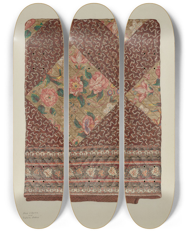 Triptych art skateboard deck of Mae A Clarke Applique Quilt by Mae A Clarke