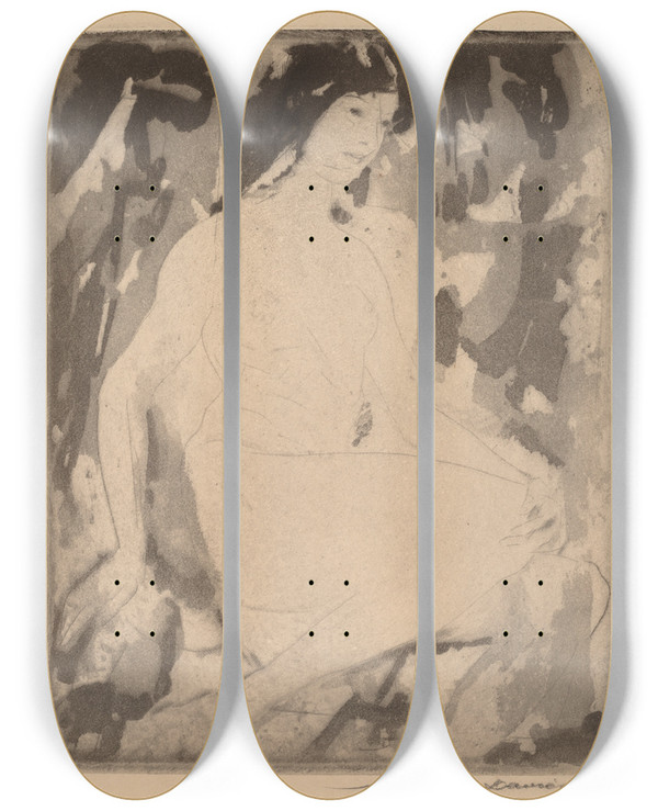 Triptych art skateboard deck of Arthur Bowen Davies Iris by Arthur Bowen Davies (1862-1928)