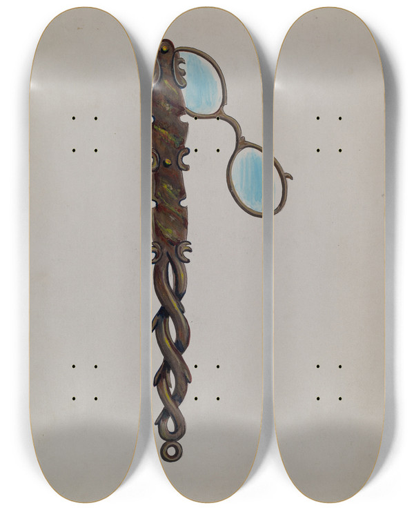 Triptych art skateboard deck of Charles Enjoian Tortoise Shell Lorgnette by Charles Enjoian