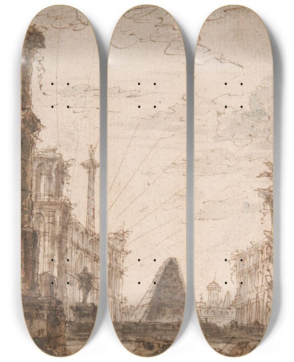 Triptych art skateboard deck of John Devoto A Ruin Fantasy by John Devoto