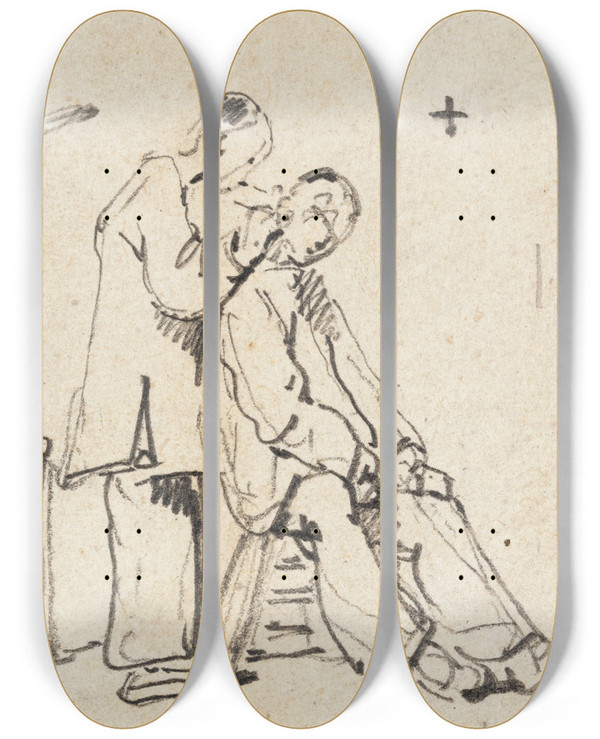 Triptych art skateboard deck of George Chinnery The Ear Specialist by George Chinnery (1774-1852)