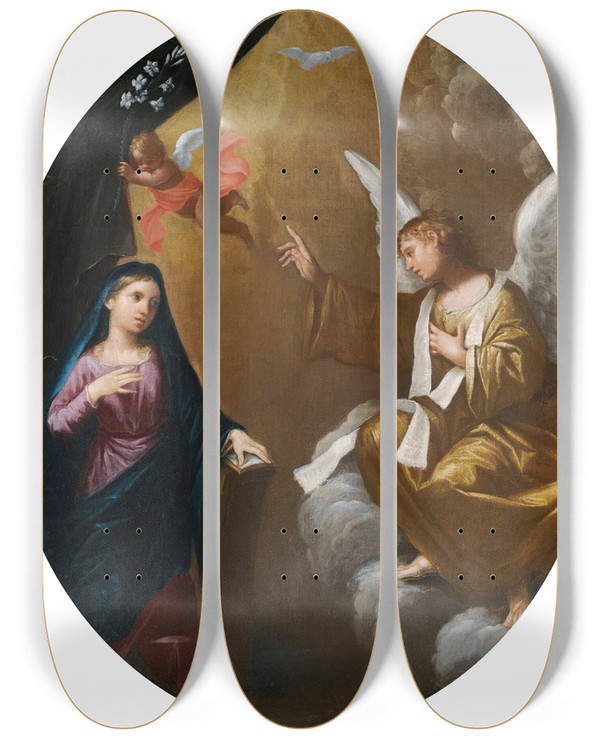 Triptych art skateboard deck of Lorenzo Pasinelli The Annunciation by Lorenzo Pasinelli (1629-1700)