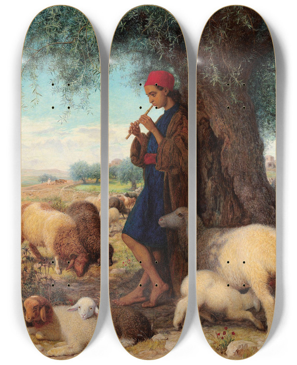 Triptych art skateboard deck of William James Webbe The Piping Shepherd by William James Webbe (1830-1904)