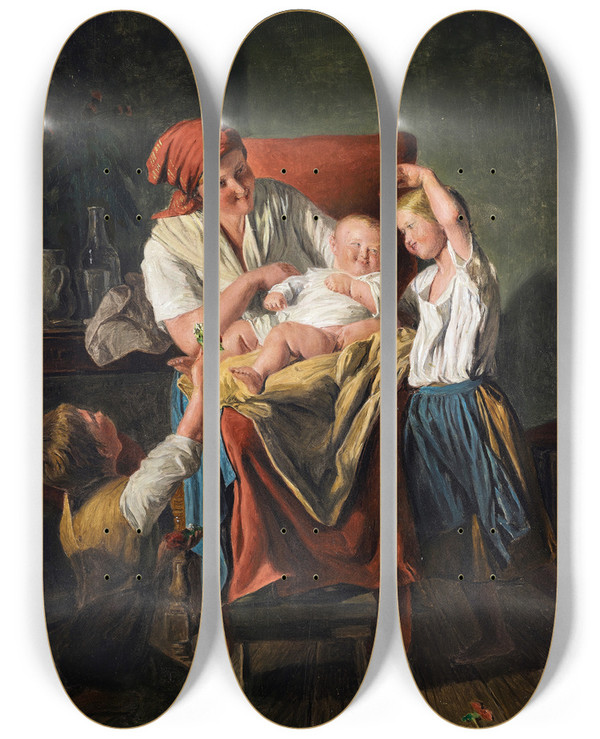 Triptych art skateboard deck of Ferdinand Georg Waldmller Mother Luck by Ferdinand Georg Waldmuller (1793-1865)