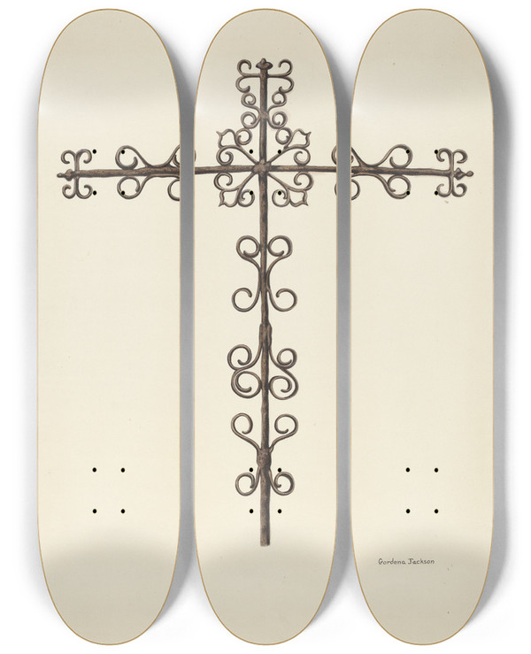 Triptych art skateboard deck of Gordena Jackson Wrought Iron Cross Restored by Gordena Jackson