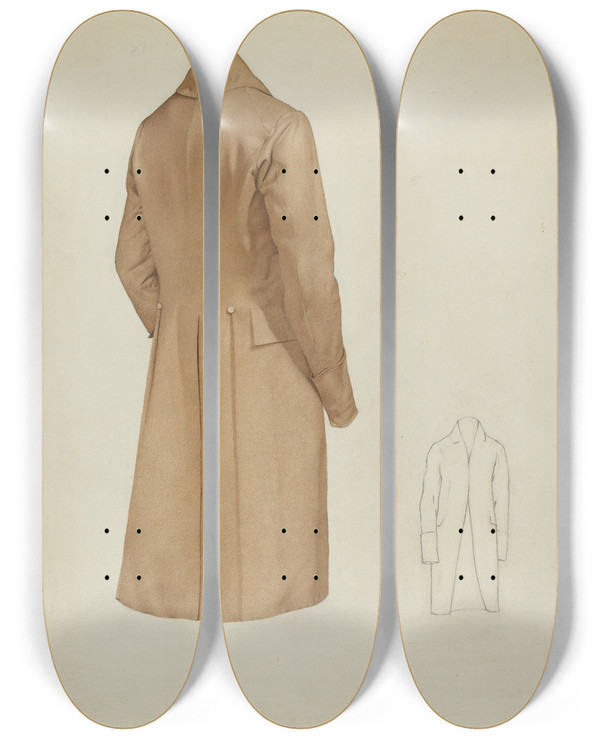 Triptych art skateboard deck of Joseph Goldberg Shaker Mans Coat by Joseph Goldberg