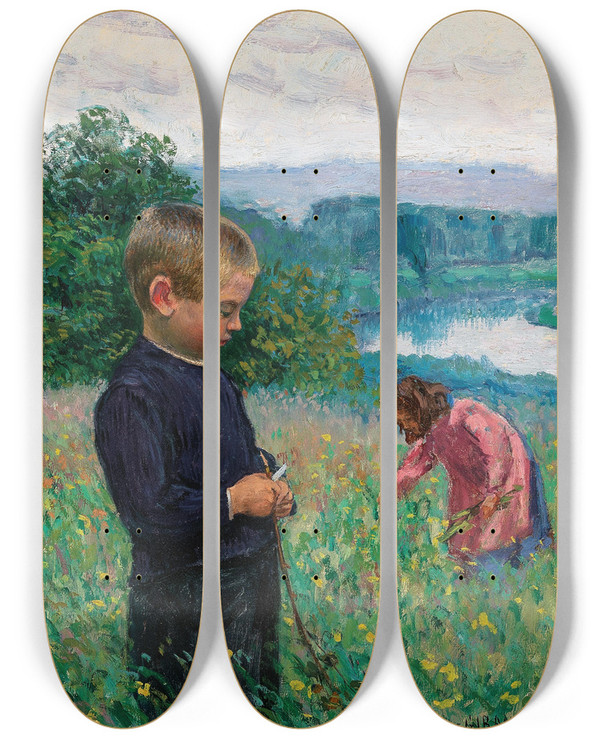 Triptych art skateboard deck of Leon Giranmax Siblings In The Flowery Meadows by Leon Giran-Max (1867-1927)