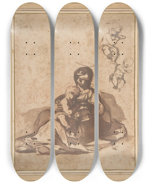 Triptych art skateboard deck of Rutilio Manetti Studies For A Rest On The Flight Into Egypt by Rutilio Manetti (1571-1639)