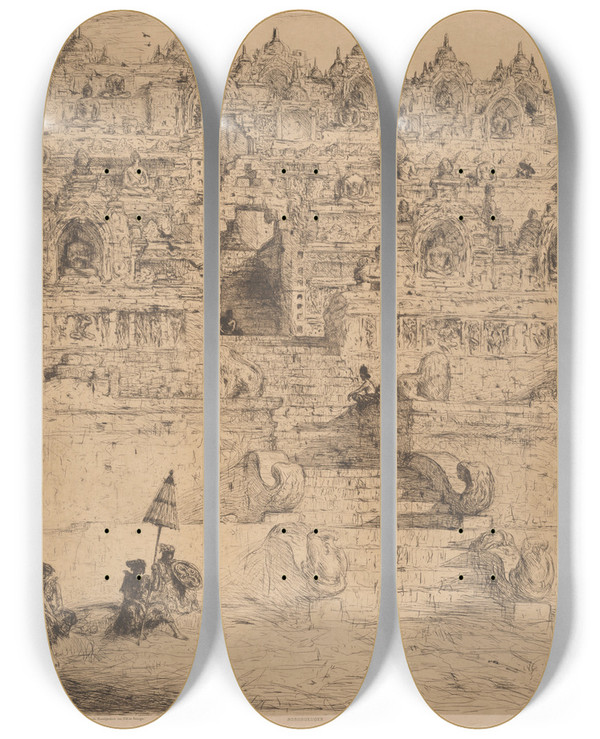 Triptych art skateboard deck of Marius Bauer Boroboedoer by Marius Bauer (1867-1932)