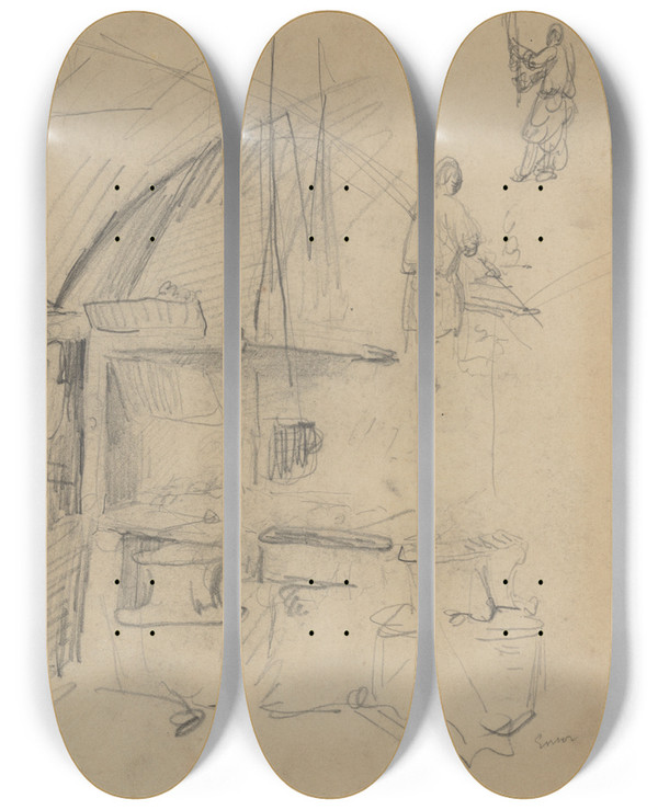 Triptych art skateboard deck of James Ensor Smidse Met Twee Figuren by James Ensor (1860-1949)