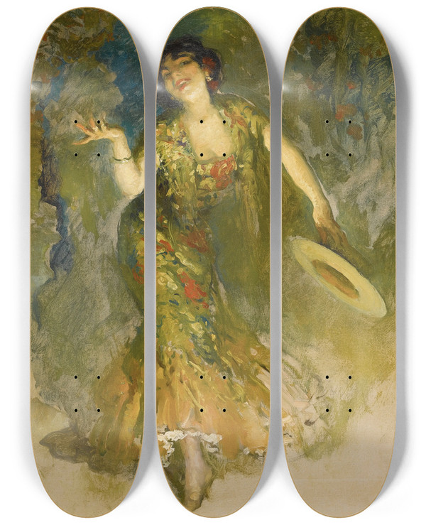 Triptych art skateboard deck of Francis Luis Mora Spanish Dancer by Francis Luis Mora (1874-1940)