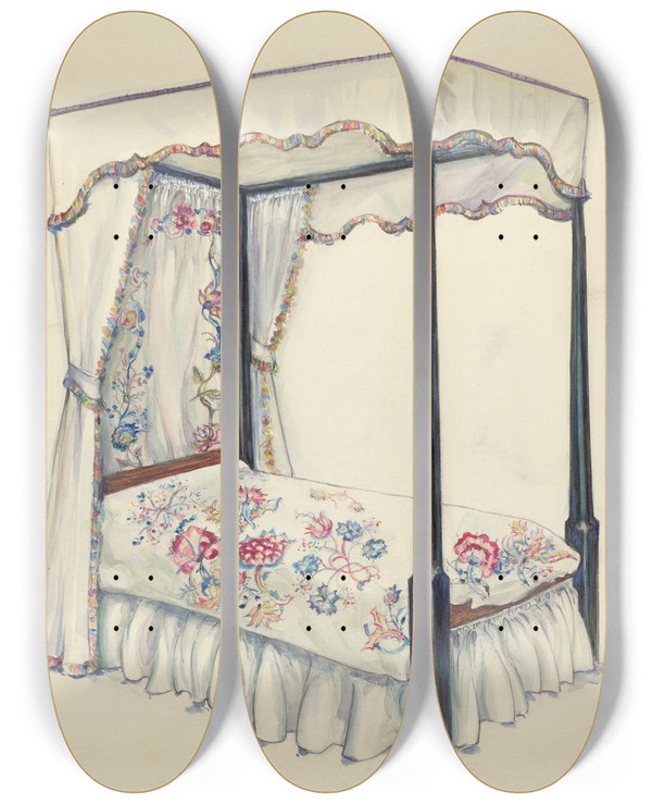 Triptych art skateboard deck of Isadore Goldberg Bed by Isadore Goldberg