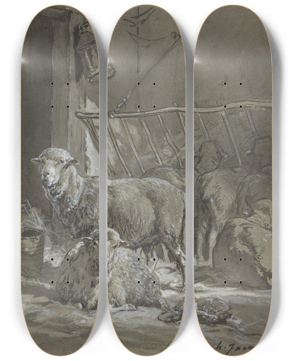 Triptych art skateboard deck of Charles Emile Jacque Sheep In A Manger by Charles Emile Jacque (1813-1894)