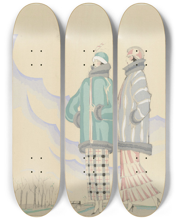 Triptych art skateboard deck of Charles Martin La Promenade Extramuros Jaquettes En Fourrure De Max A Leroy by Charles Martin (1884-1934)