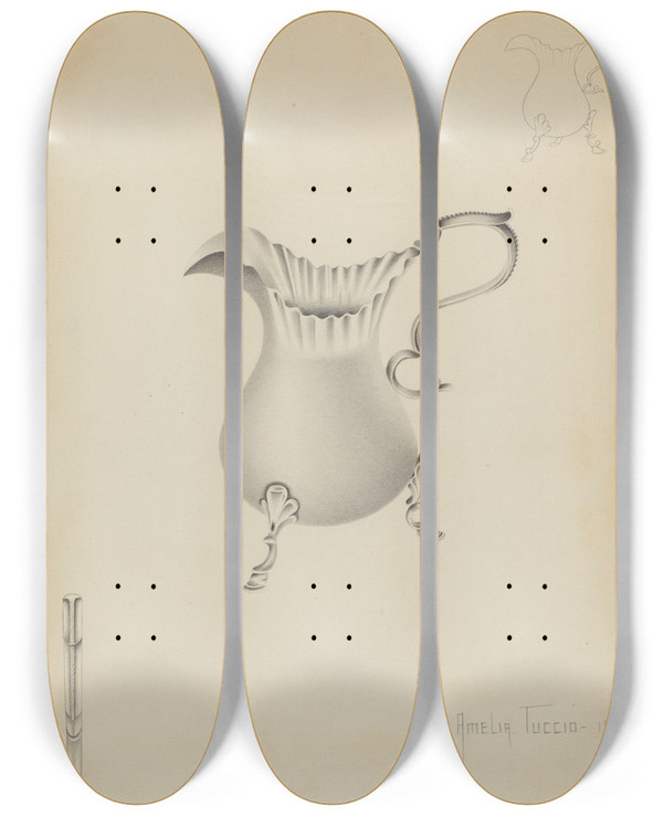 Triptych art skateboard deck of Amelia Tuccio Silver Creamer_3 by Amelia Tuccio (20-)