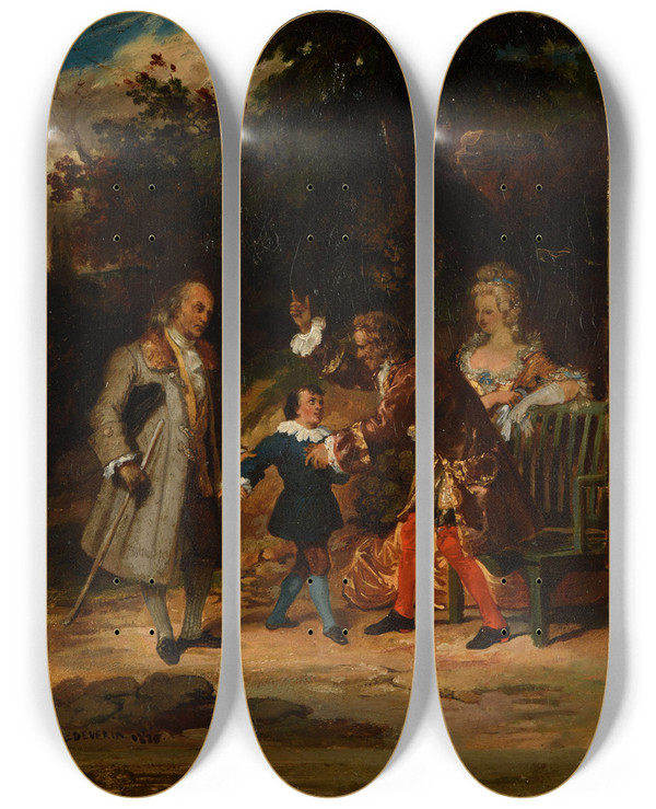 Triptych art skateboard deck of Achille Devria Voltaire Bnissant Le Petitfils De Franklin by Achille Deveria (1800-1857)