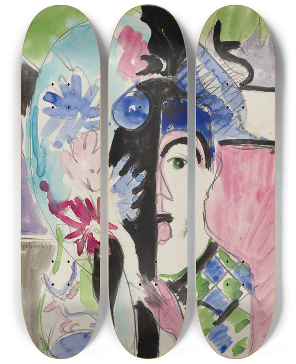 Triptych art skateboard deck of Ernst Ludwig Kirchner Studie Zu Mllerkopf Mit Blumen by Ernst Ludwig Kirchner (1880-1938)