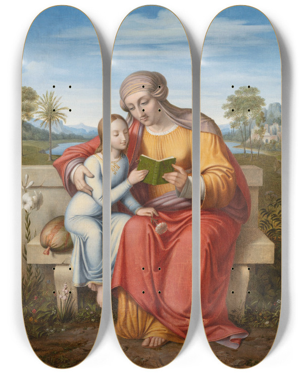 Triptych art skateboard deck of Johan Ludvig Lund St Anne Teaching The Virgin To Read by Johan Ludvig Lund (1777-1867)