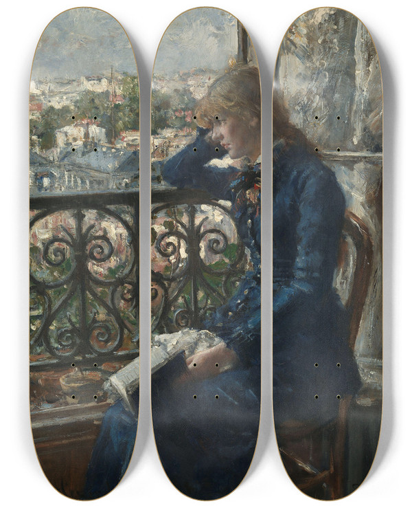 Triptych art skateboard deck of Hans Heyerdahl At The Window by Hans Heyerdahl (1857-1913)